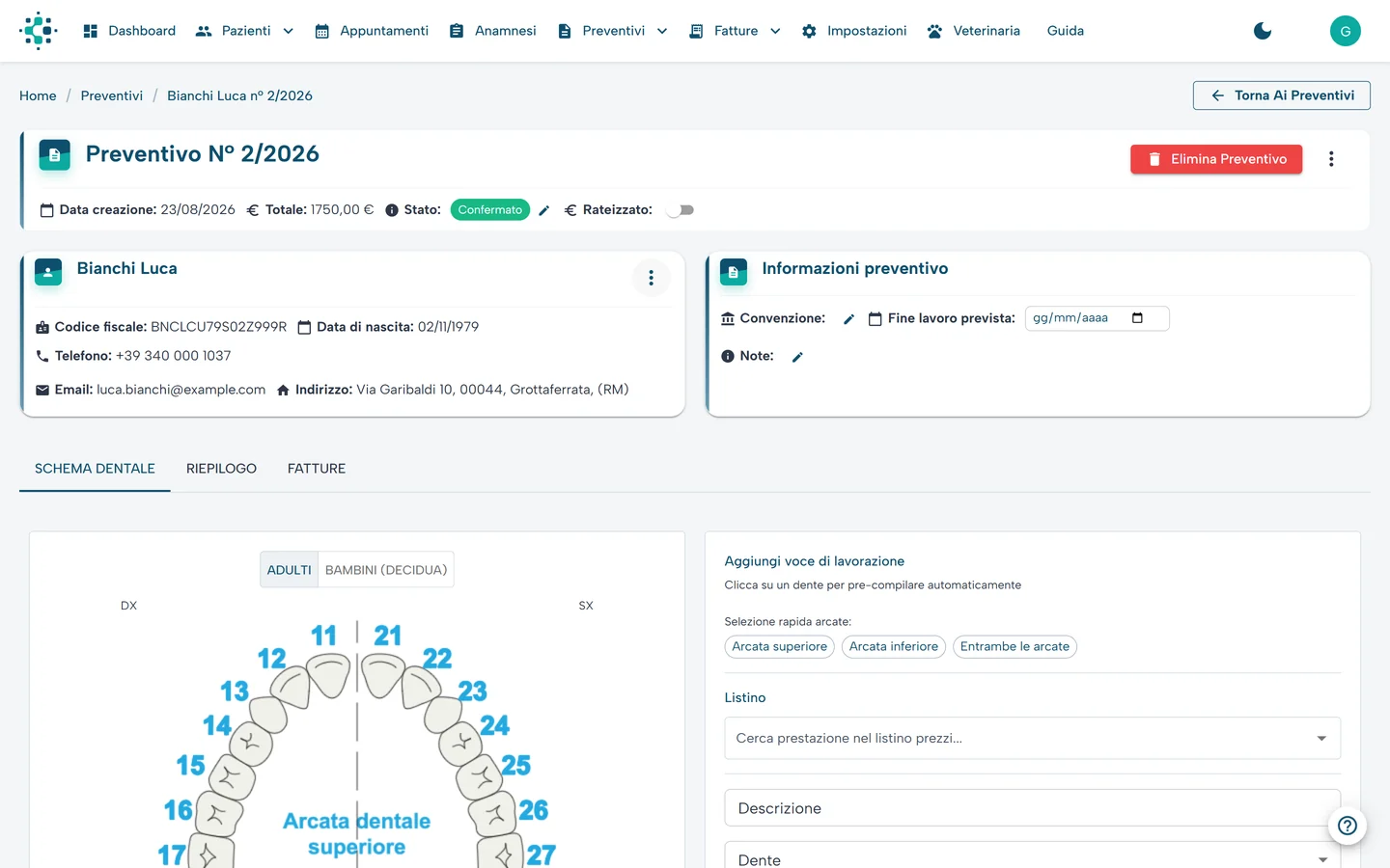 Preventivo odontoiatrico in MedicHub con lo schema dentale e le prestazioni per dente