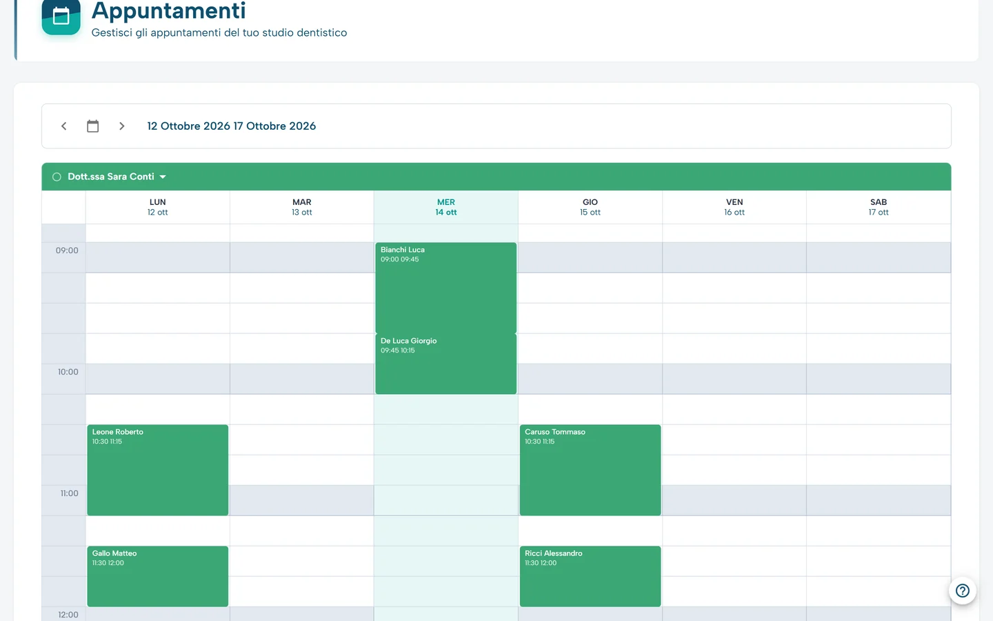 Agenda settimanale di un medico in MedicHub con gli appuntamenti