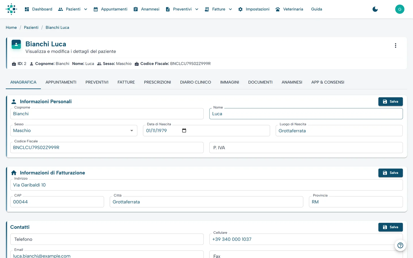 Scheda del paziente in MedicHub con le schede appuntamenti, preventivi, fatture e diario clinico